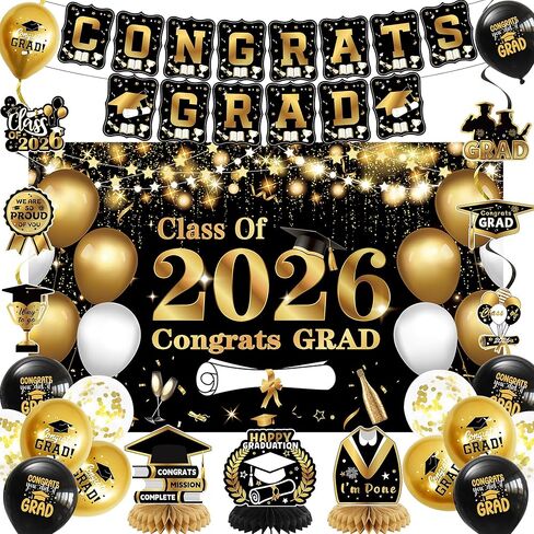 DARUNAXY Orange Graduation Party Decorations, Black Orange Class of 2026 Graduation Banner, 2026 Congrats Grad Honeycomb Hanging Swirl Confetti Balloon Congratulations Graduates Party Supplies(25PC) in Saudi Arabia