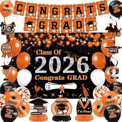 DARUNAXY Orange Graduation Party Decorations, Black Orange Class of 2026 Graduation Banner, 2026 Congrats Grad Honeycomb Hanging Swirl Confetti Balloon Congratulations Graduates Party Supplies(25PC) in Saudi Arabia