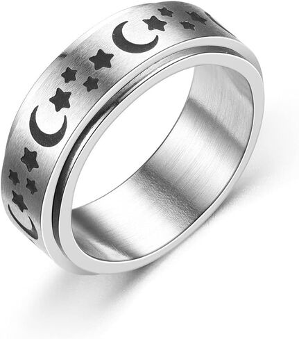 COLORFUL BLING 316L Stainless Steel Spinner Anxiety Band Ring 8/6mm Star Moon Sun Flower Fidget Ring Relieving Stress Engagement Promise Cool Biker Jewelry for Women Men Couple in Saudi Arabia