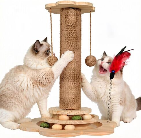 Cat Scratching Post - 4 in 1 Wooden cat Scratch Post,19.69" Scratch Post with 2 Level Cat Sisal Balls Interactive Cat Feather Toy and 2 Sisal Hanging Balls for Indoor Kittens, Adult Cats in Saudi Arabia