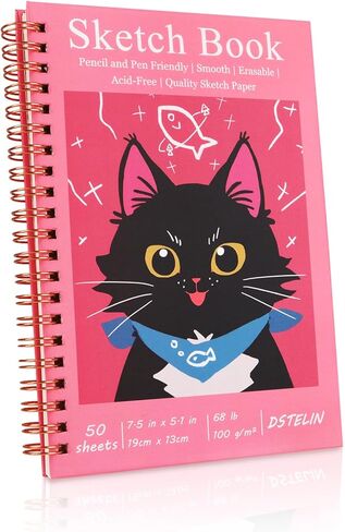 كتاب رسم DSTELIN مقاس 7.5 × 5.1 بوصة، 50 ورقة، 100 جرامًا للمتر المربع، غلاف أسود حلزوني مع غطاء أحمر، مثالي للرسم والرسم in Kuwait