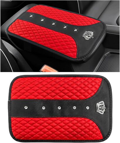 Bling Leather Car Center Console Cover, Anti-Scratch Arm Rest Protector with Crystal Rhinestones, Waterproof Auto Console Cushion Pad Sparkly Interior Decor for Most Vehicles (Pink) in Saudi Arabia