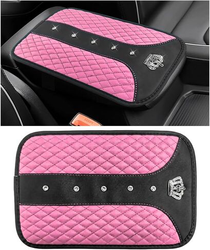 Bling Leather Car Center Console Cover, Anti-Scratch Arm Rest Protector with Crystal Rhinestones, Waterproof Auto Console Cushion Pad Sparkly Interior Decor for Most Vehicles (Pink) in Saudi Arabia