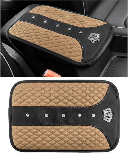 Bling Leather Car Center Console Cover, Anti-Scratch Arm Rest Protector with Crystal Rhinestones, Waterproof Auto Console Cushion Pad Sparkly Interior Decor for Most Vehicles (Pink) in Saudi Arabia