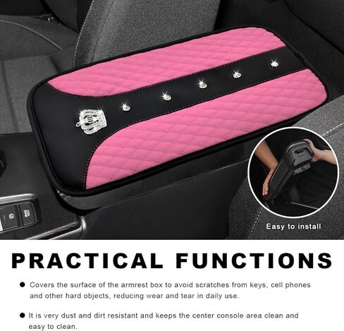 Bling Leather Car Center Console Cover, Anti-Scratch Arm Rest Protector with Crystal Rhinestones, Waterproof Auto Console Cushion Pad Sparkly Interior Decor for Most Vehicles (Pink) in Saudi Arabia