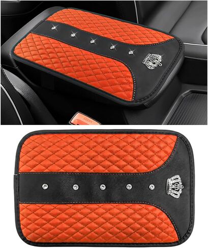 Bling Leather Car Center Console Cover, Anti-Scratch Arm Rest Protector with Crystal Rhinestones, Waterproof Auto Console Cushion Pad Sparkly Interior Decor for Most Vehicles (Pink) in Saudi Arabia