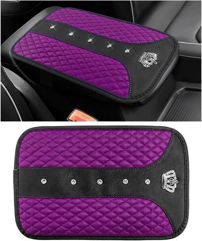 Bling Leather Car Center Console Cover, Anti-Scratch Arm Rest Protector with Crystal Rhinestones, Waterproof Auto Console Cushion Pad Sparkly Interior Decor for Most Vehicles (Pink) in Saudi Arabia