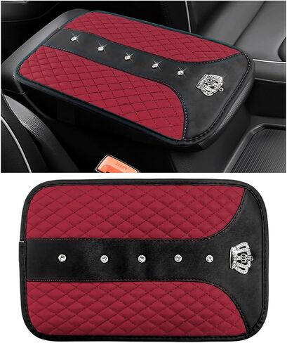 Bling Leather Car Center Console Cover, Anti-Scratch Arm Rest Protector with Crystal Rhinestones, Waterproof Auto Console Cushion Pad Sparkly Interior Decor for Most Vehicles (Pink) in Saudi Arabia