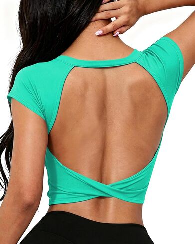 DaiLiWei Workout Tank Tops for Women Open Back Longline Sports Bras Crop Yoga Top Cap Sleeve Gym T Shirts with Built in Bra in Saudi Arabia