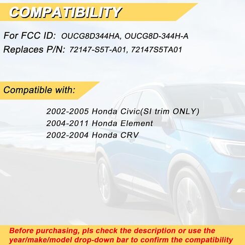 Vurkcy Key Fob Replacement for 2004-2011 Honda Element/ 02-04 CRV/ 02-05 Civic(SI Trim ONLY) Car Keyless Entry Remote Control, OUCG8D344HA OUCG8D-344H-A, 3 Buttons in Kuwait