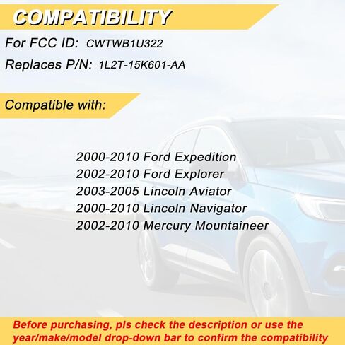 استبدال Vurkcy Key Fob لـ 2000-2010 Ford Expedition Navigator/02-10 Explorer Mountaineer/ 03-05 Aviator Car بدون مفتاح للتحكم عن بعد، CWTWB1U322، 4-Btn in Kuwait