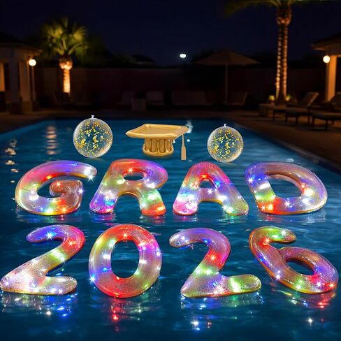 Sumind 11 قطعة 2026 ديكورات حمام السباحة للتخرج LED تضيء عوامة قابلة للنفخ 30 × 20 بوصة كبيرة جدًا غراد 2026 حرف عرض ليلا ونهارًا ديكور حفلات متوهج مع كرات الشاطئ الترتر وقبعة التخرج in Kuwait