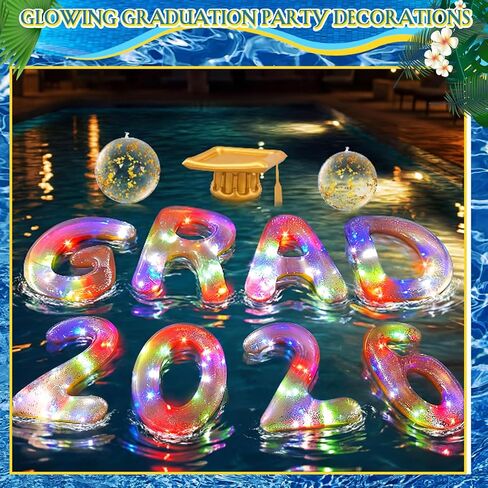 Sumind 11 قطعة 2026 ديكورات حمام السباحة للتخرج LED تضيء عوامة قابلة للنفخ 30 × 20 بوصة كبيرة جدًا غراد 2026 حرف عرض ليلا ونهارًا ديكور حفلات متوهج مع كرات الشاطئ الترتر وقبعة التخرج in Kuwait