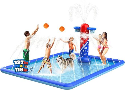 ODOSOLA 137x118'' Large Splash Pad for Kids 3-12 & Dogs, 2-in-1 Sprinkler Pad with Basketball Hoop/Ball Toss, Thickened Non-Slip Water Mat, Foldable Outdoor Summer Toy for Backyard/Pool/Beach in Saudi Arabia