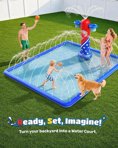 ODOSOLA 137x118'' Large Splash Pad for Kids 3-12 & Dogs, 2-in-1 Sprinkler Pad with Basketball Hoop/Ball Toss, Thickened Non-Slip Water Mat, Foldable Outdoor Summer Toy for Backyard/Pool/Beach in Saudi Arabia