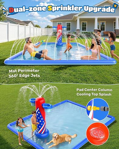 ODOSOLA 137x118'' Large Splash Pad for Kids 3-12 & Dogs, 2-in-1 Sprinkler Pad with Basketball Hoop/Ball Toss, Thickened Non-Slip Water Mat, Foldable Outdoor Summer Toy for Backyard/Pool/Beach in Saudi Arabia