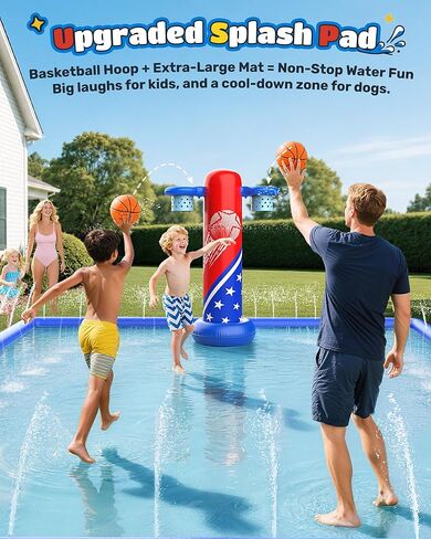 ODOSOLA 137x118'' Large Splash Pad for Kids 3-12 & Dogs, 2-in-1 Sprinkler Pad with Basketball Hoop/Ball Toss, Thickened Non-Slip Water Mat, Foldable Outdoor Summer Toy for Backyard/Pool/Beach in Saudi Arabia
