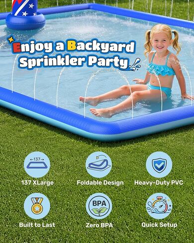 ODOSOLA 137x118'' Large Splash Pad for Kids 3-12 & Dogs, 2-in-1 Sprinkler Pad with Basketball Hoop/Ball Toss, Thickened Non-Slip Water Mat, Foldable Outdoor Summer Toy for Backyard/Pool/Beach in Saudi Arabia
