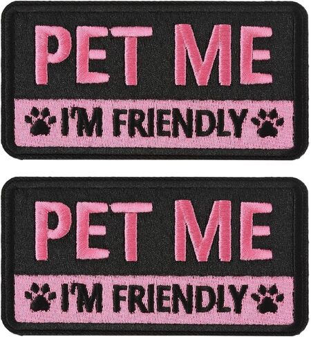 2 PCS Embroidered Hook and Loop Patches for Dog Harness - Pet Me I'm Friendly Patches, Cute Pink Removable Accessories for Pet Collar, Harness, Vest (4''×2'') in Saudi Arabia