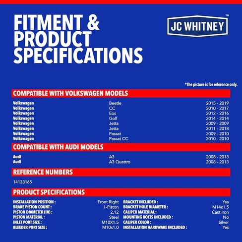 مجموعة فرجار الفرامل الأمامية اليمنى JC Whitney JFBAJCWBC00594 مع دعامة - متوافقة مع VW Jetta 09&11-18، Golf 14، Passat 09-10، Beetle 15-19، CC 10-17، Eos 12-16، Audi A3/A3 Quattro 08-13 in Kuwait