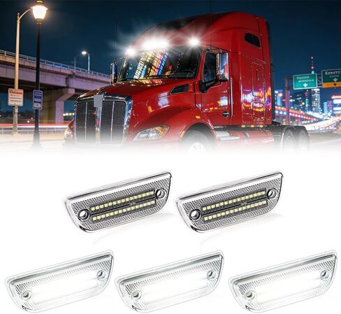 مصابيح LED لسقف الكابينة، مصابيح سقف الكابينة للجري العلوي لشاحنات Kenworth T680 T770 T880 وPeterbilt 579 الثقيلة، عدسات شفافة كهرمانية كاملة LED لمصابيح علامة الكابينة، 5 قطع in Kuwait