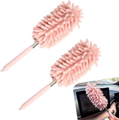 2 PCS Car Interior Cleaners, Telescopic Extension Stainless Steel Pole & Anti-slip Grip, Microfiber Washable Scratch-free Mini Brush, Portable Cleaning Supply for Car & Home & Office (Pink) in Saudi Arabia