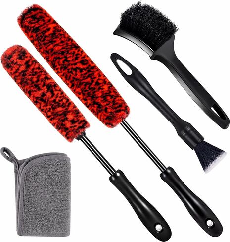 SIMPOR 5 Pcs Wheel & Tire Brush Kit with Cleaning Towel, 2 Long Handle Soft Microfiber Wheel Cleaning Brushes, Stiff Tire Brush, Car Detailing Brush, Non-Scratch Bendable Rim Cleaner Brush Set in Saudi Arabia