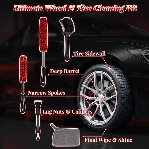 SIMPOR 5 Pcs Wheel & Tire Brush Kit with Cleaning Towel, 2 Long Handle Soft Microfiber Wheel Cleaning Brushes, Stiff Tire Brush, Car Detailing Brush, Non-Scratch Bendable Rim Cleaner Brush Set in Saudi Arabia