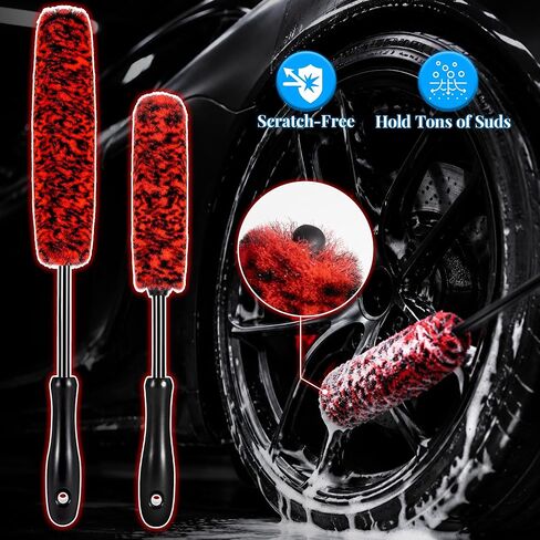 SIMPOR 5 Pcs Wheel & Tire Brush Kit with Cleaning Towel, 2 Long Handle Soft Microfiber Wheel Cleaning Brushes, Stiff Tire Brush, Car Detailing Brush, Non-Scratch Bendable Rim Cleaner Brush Set in Saudi Arabia