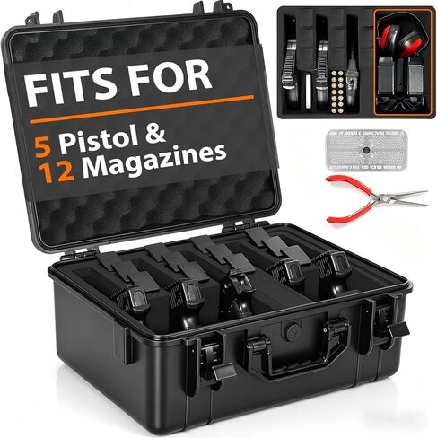 Gun Case 5 Pistol Case & 12 Magazine Pre-Cut Foam Waterproof Shockproof Hard Gun Case for Pistol Cases Included Silica Gel Canister to Help Prevent Gun Rust, Black in Saudi Arabia