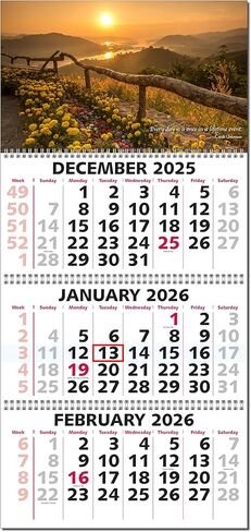 Calendar Company 2026 3 Month at a Glance Wall Calendar with Scenic Sunrise & Inspirational Quote (FREE RED DATE SLIDE!) Made in the USA! (13_Sunrise) in Saudi Arabia
