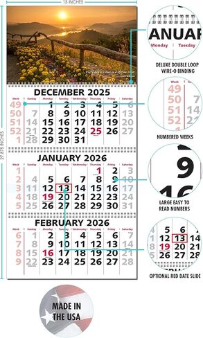 Calendar Company 2026 3 Month at a Glance Wall Calendar with Scenic Sunrise & Inspirational Quote (FREE RED DATE SLIDE!) Made in the USA! (13_Sunrise) in Saudi Arabia