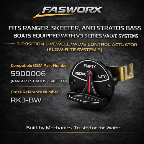 استبدال مشغل صمام Livewell ذو 3 مواضع FASWORX لـ 5900006 وFlow-Rite RK3-BW - يناسب قوارب Ranger وSkeeter وStratos Bass - رافعة التحكم في سلسلة النظام 3 V3 - إعادة التدوير، الفارغة، الأوضاع التلقائية in Kuwait