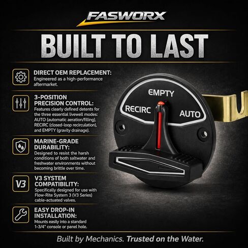 استبدال مشغل صمام Livewell ذو 3 مواضع FASWORX لـ 5900006 وFlow-Rite RK3-BW - يناسب قوارب Ranger وSkeeter وStratos Bass - رافعة التحكم في سلسلة النظام 3 V3 - إعادة التدوير، الفارغة، الأوضاع التلقائية in Kuwait