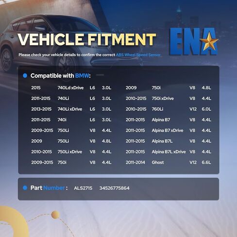 ENA مستشعر سرعة العجلة الخلفي الأيسر أو الأيمن ALS2715 متوافق مع BMW 740i 740Li xDrive Rolls-Royce Ghost 3.0L 4.4L L6 V8 2009 2010 2011 2012 2013 2014 2015 بديل لـ 34526775864 مجموعة من 1 in Kuwait
