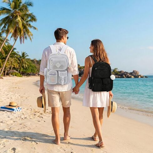 Mesh Backpack Heavy Duty, Semi-Transparent Bag for Women Girls Boys Adults, Large Capacity Bookbag with Padded Straps for School Beach Swimming Sports Travel Work-Black in Kuwait