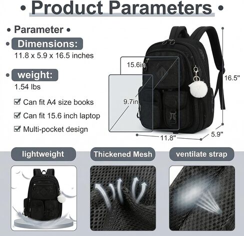 Mesh Backpack Heavy Duty, Semi-Transparent Bag for Women Girls Boys Adults, Large Capacity Bookbag with Padded Straps for School Beach Swimming Sports Travel Work-Black in Kuwait