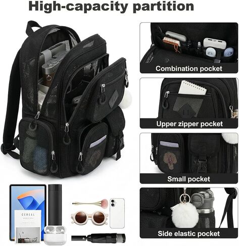 Mesh Backpack Heavy Duty, Semi-Transparent Bag for Women Girls Boys Adults, Large Capacity Bookbag with Padded Straps for School Beach Swimming Sports Travel Work-Black in Kuwait