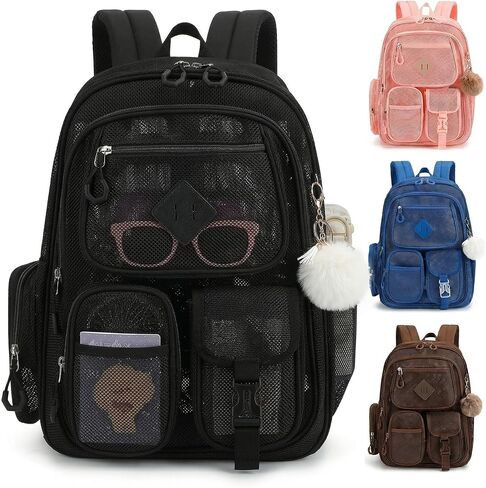 Mesh Backpack Heavy Duty, Semi-Transparent Bag for Women Girls Boys Adults, Large Capacity Bookbag with Padded Straps for School Beach Swimming Sports Travel Work-Black in Saudi Arabia