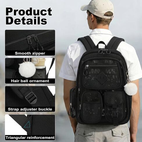 Mesh Backpack Heavy Duty, Semi-Transparent Bag for Women Girls Boys Adults, Large Capacity Bookbag with Padded Straps for School Beach Swimming Sports Travel Work-Black in Kuwait