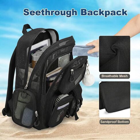 Mesh Backpack Heavy Duty, Semi-Transparent Bag for Women Girls Boys Adults, Large Capacity Bookbag with Padded Straps for School Beach Swimming Sports Travel Work-Black in Kuwait