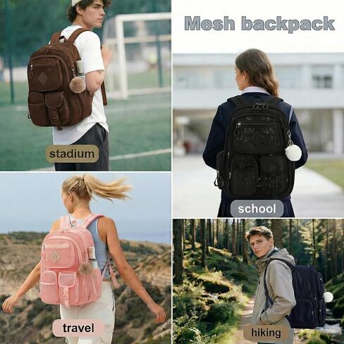 Mesh Backpack Heavy Duty, Semi-Transparent Bag for Women Girls Boys Adults, Large Capacity Bookbag with Padded Straps for School Beach Swimming Sports Travel Work-Black in Kuwait