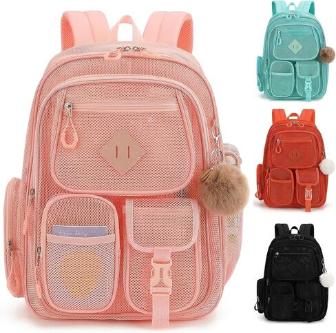 Mesh Backpack Heavy Duty, Semi-Transparent Bag for Women Girls Boys Adults, Large Capacity Bookbag with Padded Straps for School Beach Swimming Sports Travel Work-Black in Kuwait