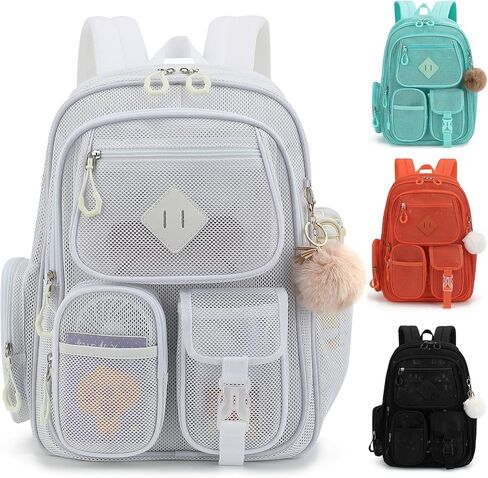 Mesh Backpack Heavy Duty, Semi-Transparent Bag for Women Girls Boys Adults, Large Capacity Bookbag with Padded Straps for School Beach Swimming Sports Travel Work-Black in Kuwait
