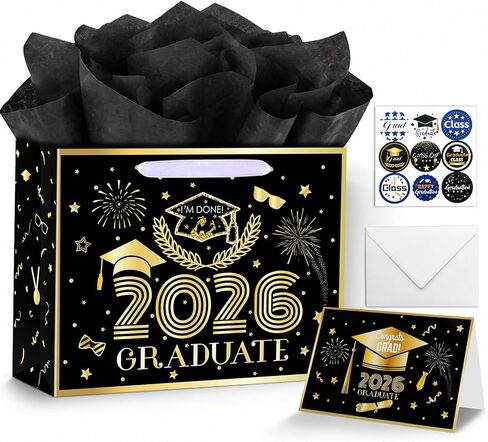 Konsait 13" Large Graduation Gift Bags, Black Class of 2026 Graduation Bags with Tissue Paper and Greeting Card for Gift Wrapping, Celebrations, Parties & More in Kuwait