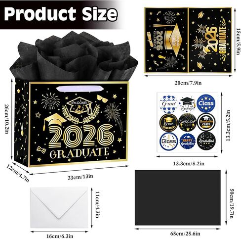 Konsait 13" Large Graduation Gift Bags, Black Class of 2026 Graduation Bags with Tissue Paper and Greeting Card for Gift Wrapping, Celebrations, Parties & More in Kuwait
