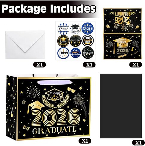 Konsait 13" Large Graduation Gift Bags, Black Class of 2026 Graduation Bags with Tissue Paper and Greeting Card for Gift Wrapping, Celebrations, Parties & More in Kuwait