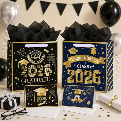 Konsait 13" Large Graduation Gift Bags, Black Class of 2026 Graduation Bags with Tissue Paper and Greeting Card for Gift Wrapping, Celebrations, Parties & More in Kuwait