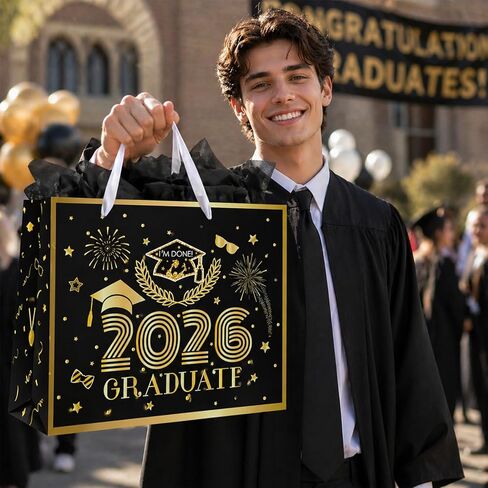 Konsait 13" Large Graduation Gift Bags, Black Class of 2026 Graduation Bags with Tissue Paper and Greeting Card for Gift Wrapping, Celebrations, Parties & More in Kuwait