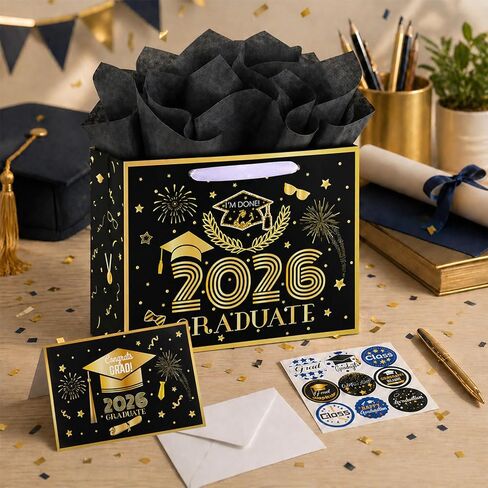 Konsait 13" Large Graduation Gift Bags, Black Class of 2026 Graduation Bags with Tissue Paper and Greeting Card for Gift Wrapping, Celebrations, Parties & More in Kuwait